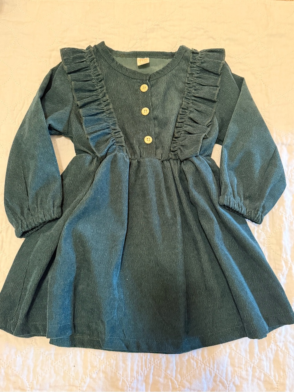 Girls Green Corduroy Ruffle Dress